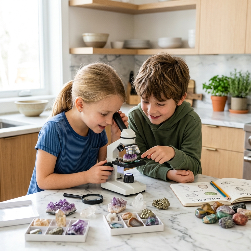 Children studying mineral crystals